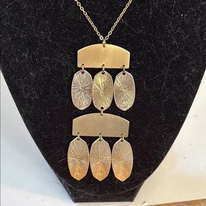 Contemporary Long Gold Tone Geometric Art Deco Pendant Necklace 32”